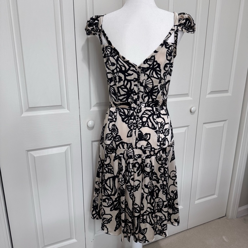 Tracy Reese 100% Silk Black Ivory Belted Drop Waist Midi Dress 8 - Picture 6 of 16
